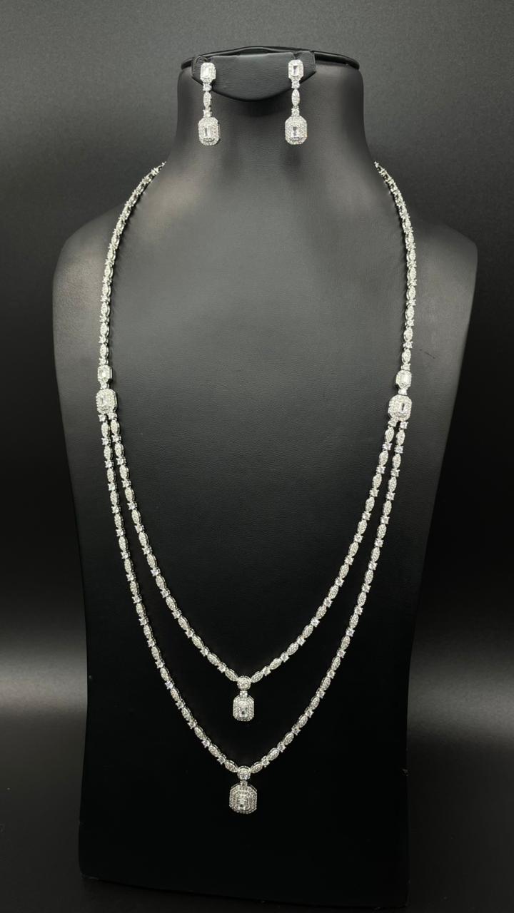 Luxury Double-Layer Long Zircon Necklace – Rhodium Plated  Description: