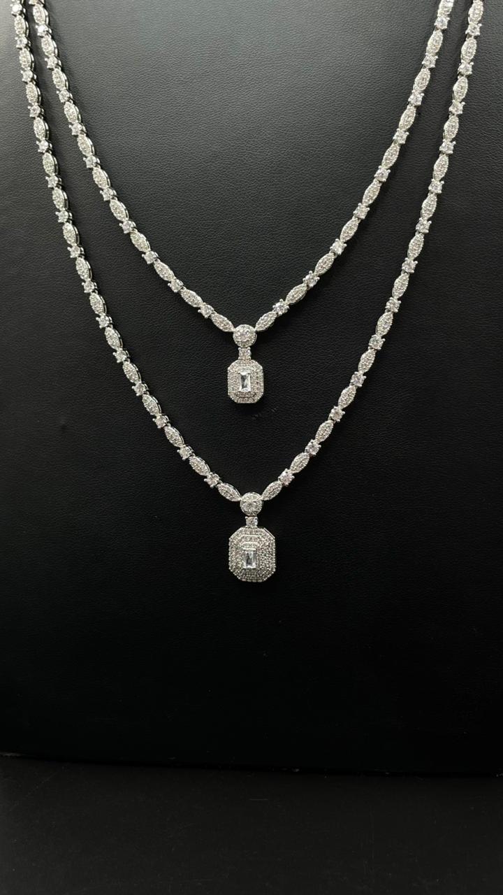 Luxury Double-Layer Long Zircon Necklace – Rhodium Plated  Description: