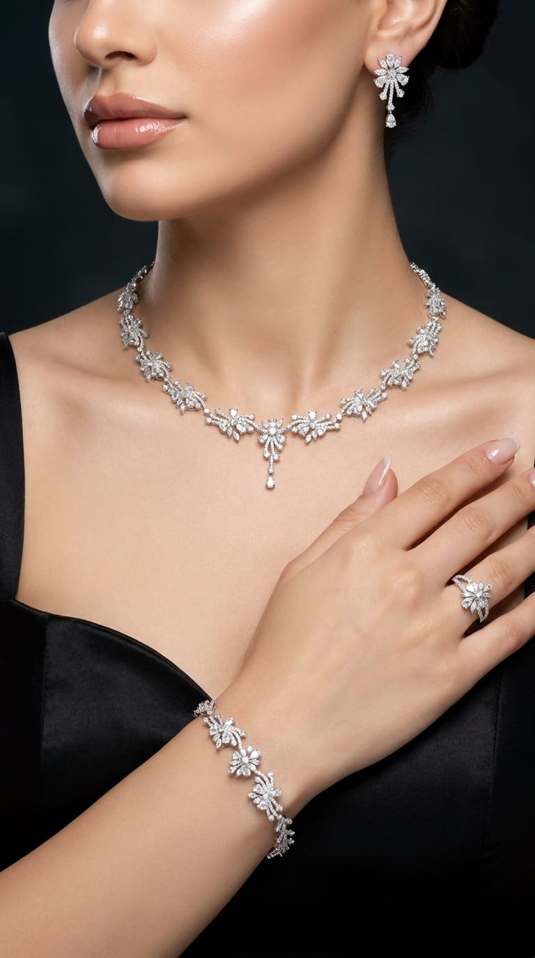 Unique Rhodium-Plated Zircon Jewelry Set